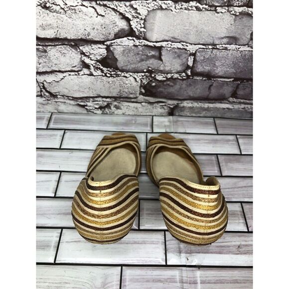 Marcello Toshi Gold Brown Stripe Fabric Peep Toe 5” High Heels Women Sz 6M US/37 - Picture 9 of 16